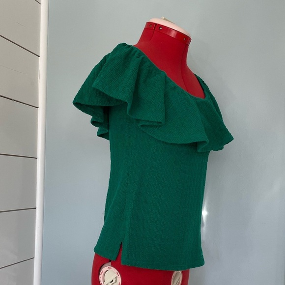 Anthropologie Off Shoulder Ruffle Green Top Sz XS - Picture 6 of 11